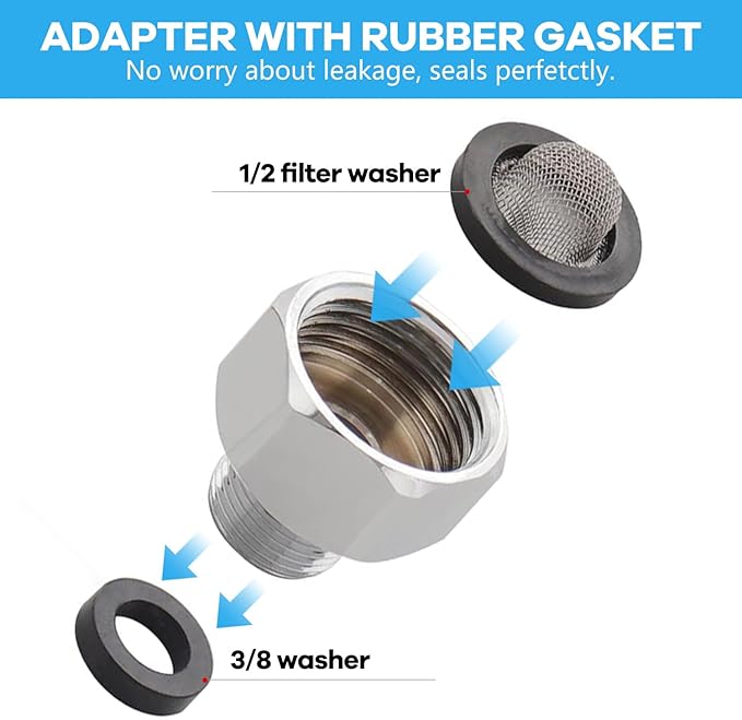 1/2 to 3/8 Water Line Adapter, G1/2" Female to 3/8" Male Compression Pipe Fitting, Brass Water Hose Adapter for RV Kitchen & Bathroom Plumbing, Includes Rubber Washer - 2 Pack