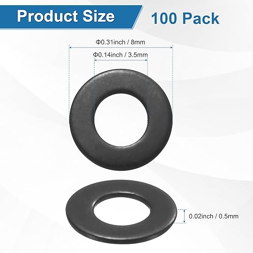 100-Pack M3.5 Flat Washers, Metric 8mm OD 0.5mm Thick 304 Stainless Steel Washers for Bolts Screws Nuts for Automotive/Machinery/Furniture, Flat Metal Washers [Black Galvanized]