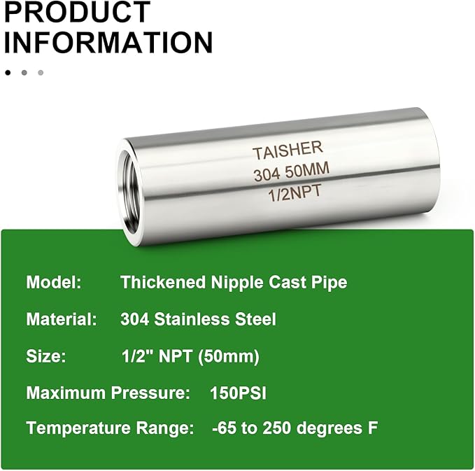 TAISHER 2PCS Stainless Steel Pipe Fittings, 1/2" NPT Female x 1/2" NPT Female Threaded, 2" Length Thickened Nipple Cast Pipe