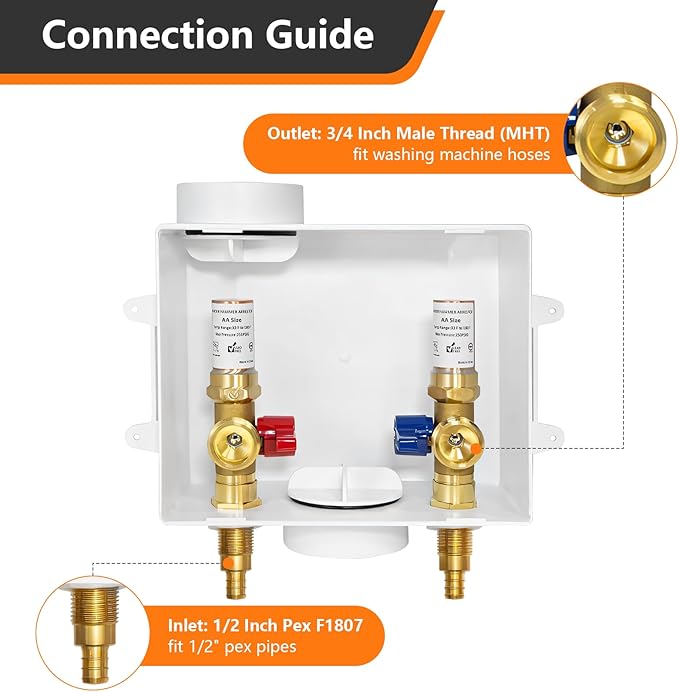 HeSun Washing Machine Outlet Box, 1/2 Inch Crimp Pex Inlet x 3/4 Inch MHT Outlet, Pex Washer Laundry Box with Center Drain,with Copper Water Hammer Arrestor