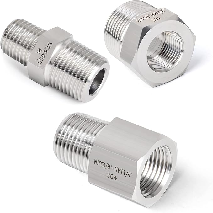 GASHER 6PCS 304 Stainless Steel Pipe Fitting, Hex Bushing, Reducer Adapter, Reducing Hex Nipple 3/8 Inch NPT x 1/4 Inch NPT