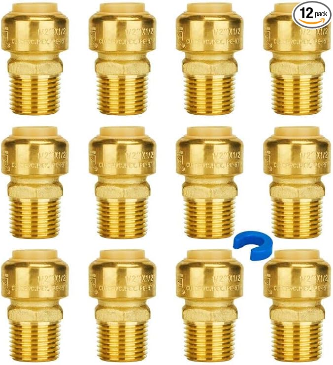 SUNGATOR 1/2 Inch Male Adapter, 1/2 Inch MNPT Adapter, No Lead Brass Push-to-Connect Plumbing Fittings for Pex Pipe, Copper, CPVC, with 1 Disconnect Clip, Pack of 12