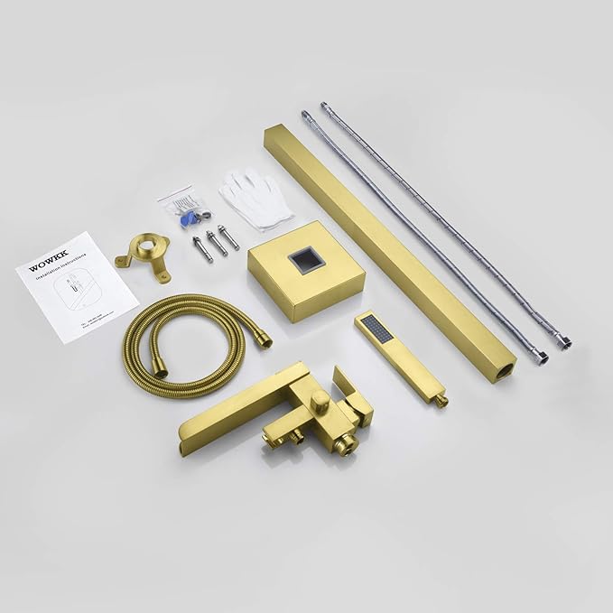 Freestanding Bathtub Faucet Brushed Gold Waterfall Tub Filler Floor Mount Brass Single Handle Bathroom Faucets with Hand Shower
