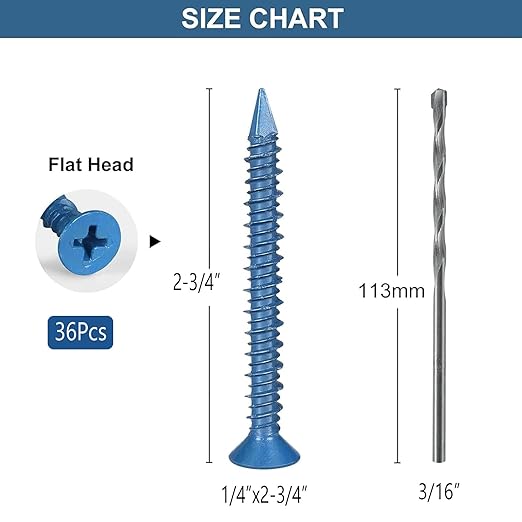 1/4 x 2-3/4 Inch 36Pcs Concrete Screws, Flat Head Screw Anchor with Drill Bit, for Masonry, Block, Brick, Cement, Stucco, Diamond Point