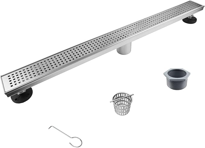 Linear Shower Drain 30", 304 Stainless Steel Floor Drain with Grid Drain Cover & Hair Strainer, Rectangular Shower Drain w/CUPC Certified, Brushed