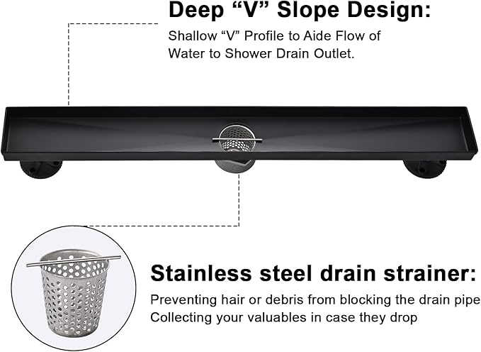 Linear Shower Floor Drain, Black 48 Inch 304 Stainless Steel Bathroom Drains Kit, Rectangular Shower Trench Drain with Reversable Tile-in Pattern Drain Cover & Hair Catcher