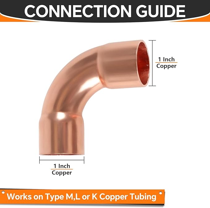 5-Pack HeSun Copper Fittings, 1-Inch Long Radius 90-Degree Copper Elbow, C x C with Sweat Solder Connection
