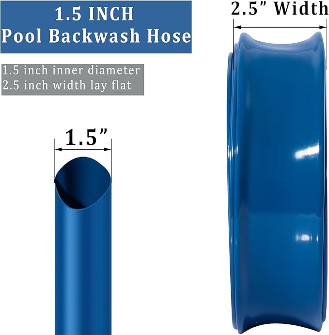 Pool Backwash Hose 1 1/2 inch × 50 ft Thicken Blue Water Discharge Pipe Lay Flat Tubing Hose for Backwash Pool Filter, Drain Pool Pond Water (1.5in-50ft, Vinyl Tubing)