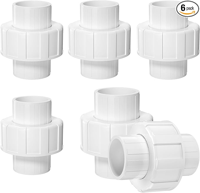 6PCS PVC Union Coupling 1Inch, Furniture Grade PVC Union Pipe Fittings with EPDM O-Ring, Schedule 40 White Slip Coupling Adapter for Irrigation, Pool & Spa System, indoor Plumbing Project