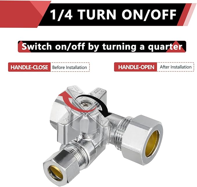 (Pack of 2) EFIELD 1/4-Turn Stop Tee Compression Stop Valve, 1/2" NOM (5/8" OD) x 1/2" NOM (5/8" OD) x 3/8 inch Chrome Plated Brass,(VALVE247-2PCS)