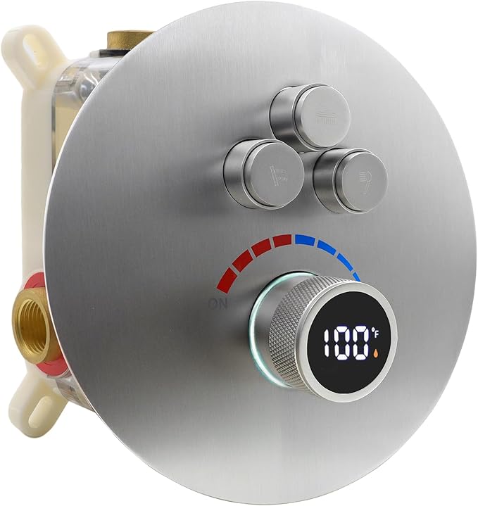 Round Digital Display Shower Valve 3 Way Shower Mixing Valve Concealed Installation Can Use All the Time Brushed Nickel