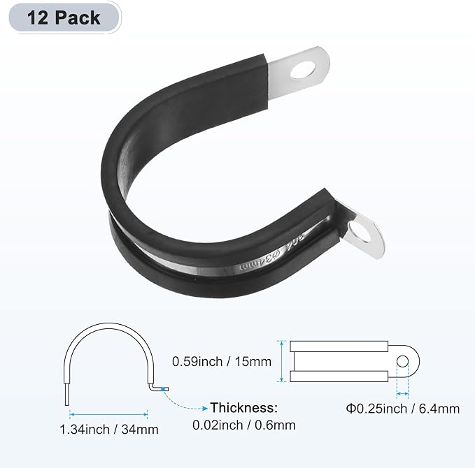 12-Pack Cable Clamps, 1-11/32 Inch/ 34 mm 304 Stainless Steel Rubber Cushioned Insulated Cable Clamp R Shape Metal Holder for Tube/Wire/Pipe/Loop Installation