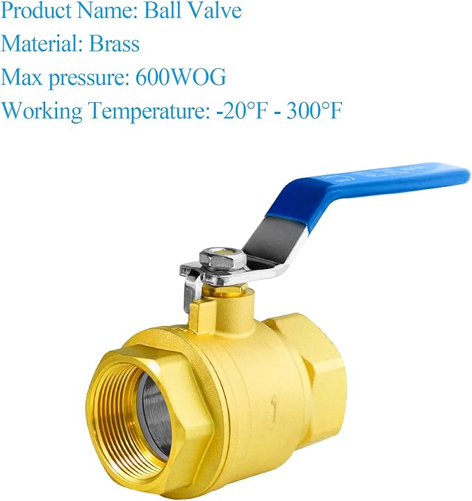 WiseWater 1" NPT Full Port Brass Ball Valve, with 1/4 Turn Blue Handle, 600 WOG, Plumbing Fitting, UPC Certified, 2 Pcs