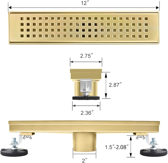 Linear Shower Drain, 12 inch Gold Drain with Removable Grate Cover, Brushed 304 Stainless Steel Shower Floor Drain, Linear Drain with Hair Strainer and Adjustable Feet
