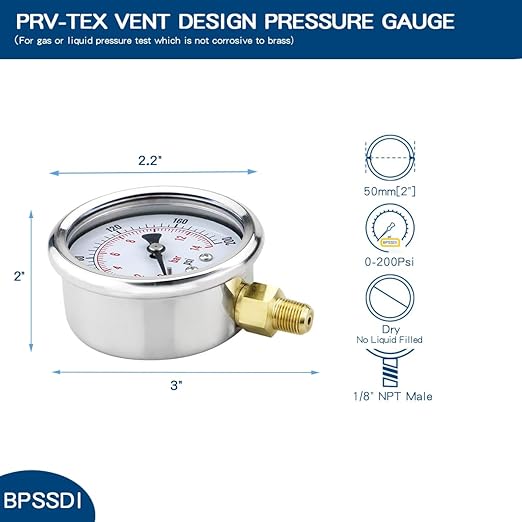 0-200 Psi Pressure Gauge, 2.5" Dial Size, 1/8" NPT Lower Mount, 304 Stainless Steel Case, Water Pressure Gauge Test for Pool Pump, Sand Filter, Air Compressor, Espresso(with Tape)