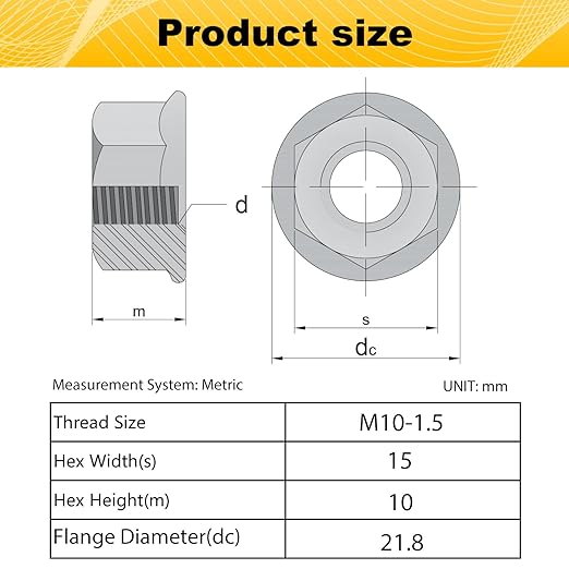 M10 Serrated Flange Hex Nuts, M10-1.5mm Hexagon Flange Nuts, 304 Stainless Steel, Metric, Heavy Duty Replacement Nut with Plastic Case, 16 Pack