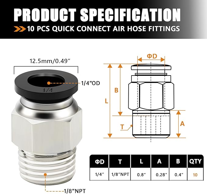 mankk 10PCS 1/4"Tube OD x 1/8"NPT Thread Male Straight Push to Connect Fittings Pneumatic Fitting Kit Air Hose Quick Connect Fittings