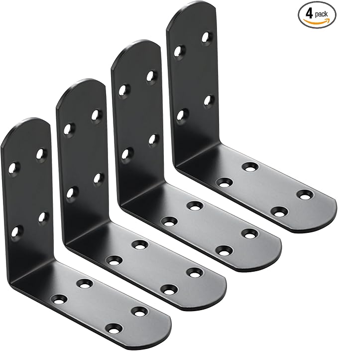 Alise 4Pcs Stainless Steel L Brackets for Shelves Black, Small Floating Shelf Brackets, 90 Degree Right Angle Bracket, Heavy Duty Metal L Bracket Corner Brackets for Wood Furniture (3.94X3.94 in)