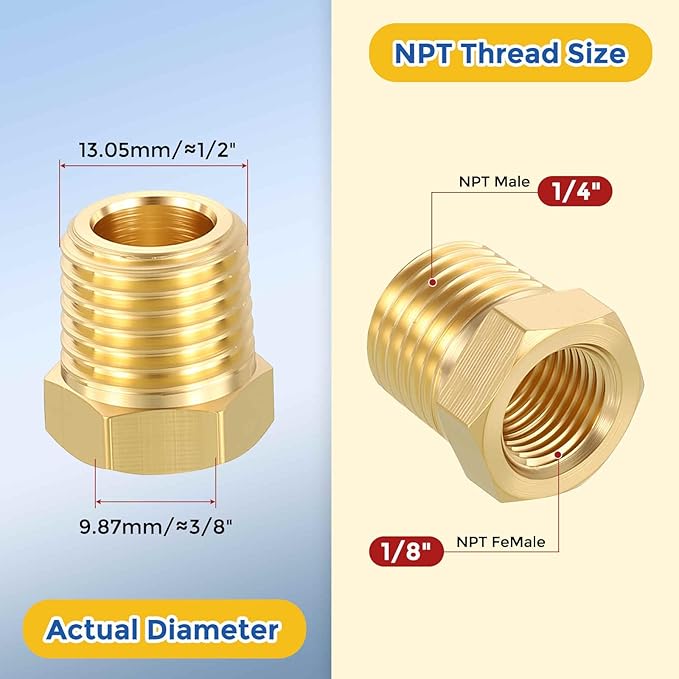 4 Packs Brass Pipe Fittings, 1/4" Male NPT to 1/8" FeMale NPT Brass Hex Bushing Reducer, Hose Tube Threaded Adapter for Air, Oil, LP