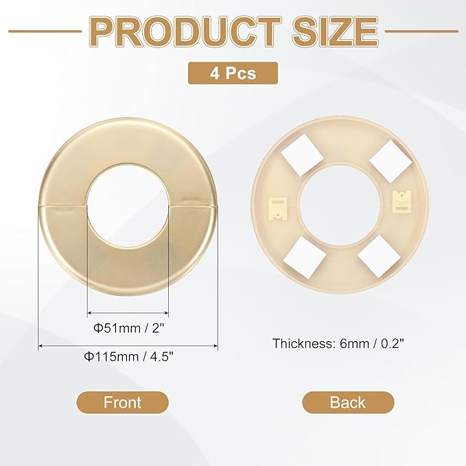 PATIKIL Wall Split Flange 115mm / 4.5" OD, 4 Pcs Round Escutcheon Plate Cover PPR Plumbing Cover Plates with Self-Adhesive Tape for 51mm / 2" Dia Water Pipe Faucet, Gold