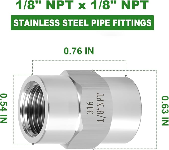 TAISHER 5PCS Forging of 316L Stainless Steel Pipe Fitting, Coupling, 1/8" NPT Female x 1/8" NPT Female, Pipe Adapter Fitting