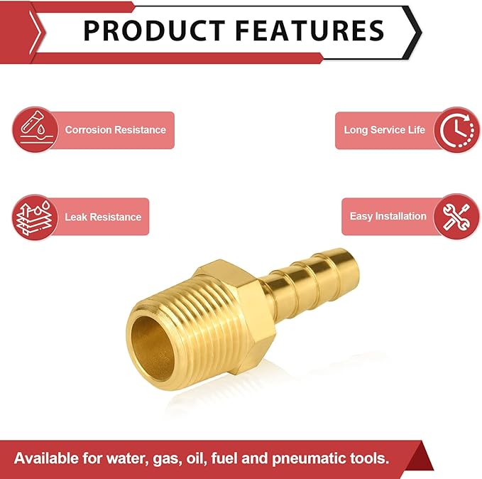 (Pack of 50) EFIELD Brass Hose Barb Fitting Adapter, 1/4" Barb x 1/4" NPT Male Pipe Fitting,(BARB003-50PCS)