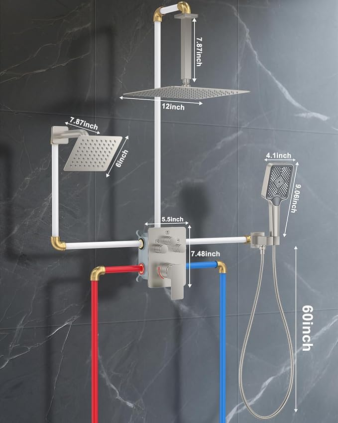 Shower System with Pressure Balance Valve, 12" Ceiling Mount Shower Faucet Set with 2 Rain Shower Head And Multi-function Handheld Head Push Button Diverter Pressure Balancing Valve Kit,Brushed Nickel