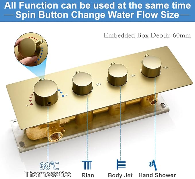 Thermostatic Shower Valve Concealed Mount, Pressure Balancing Brass Shower Mixing Valve Water Flow Can Control, Brushed Gold