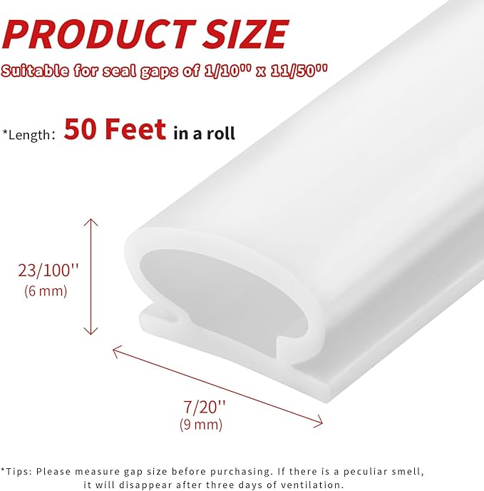 50 Feet D-Shape Rubber Weather Stripping Door Seal Strip, Self-Adhesive Backing Door Weatherstripping for Door Frame Insulation Large Gap, Easy Cut to Size(White)