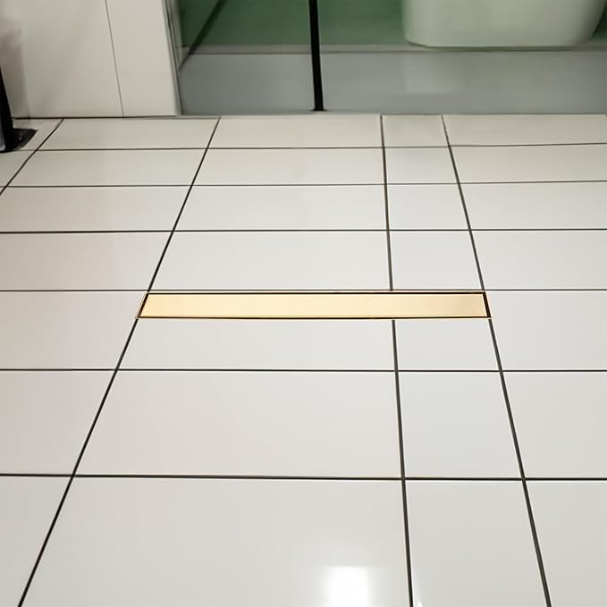 24 inch Linear Shower Drain with Removable Square Hole Panel by Using Brushed 304 Stainless Steel Process, Linear Drain Equipped with Adjustable Feet and Hair Strainer(Brushed Gold Color)