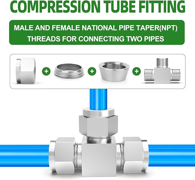 TAISHER 304 Stainless Steel Compression Fitting Connector, 1/2" Tube OD Tee Adapter