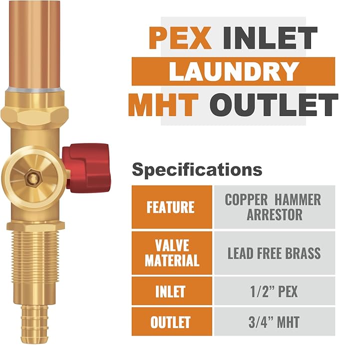 SUNGATOR Washing Machine Outlet Box with Brass Water Hammer Arrestor, Laundry Washer Water Valve Wall Box with Center Drain, 1/2 Inch Pex Crimp Inlet x 3/4 Inch MHT Outlet (4 Crimp Rings)