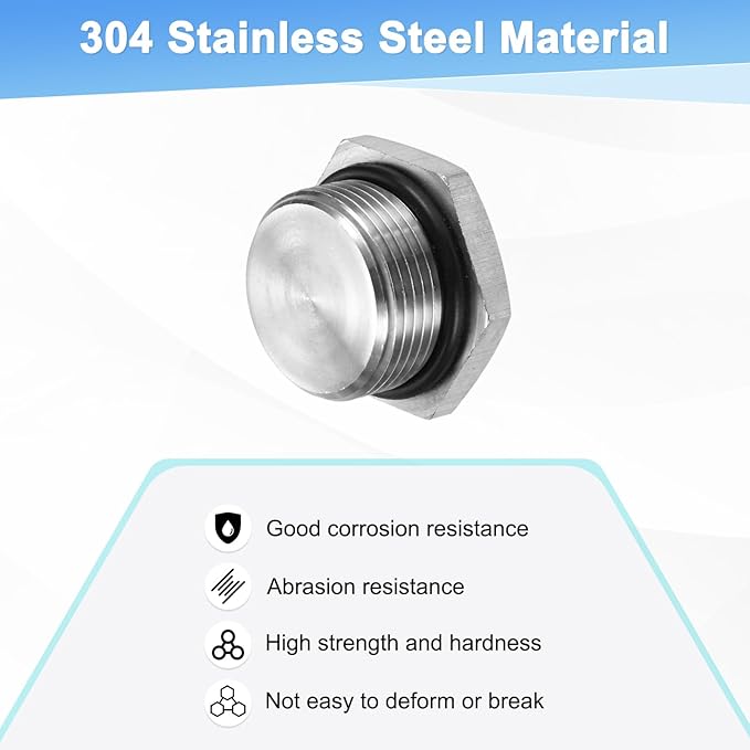 2-Pack Outer Hex Head Thread Pipe Plug Fitting, M25x1.5mm Male 304 Stainless Steel Solid Thread Bung Plug with Sealing Ring for Terminating Pipe Ends