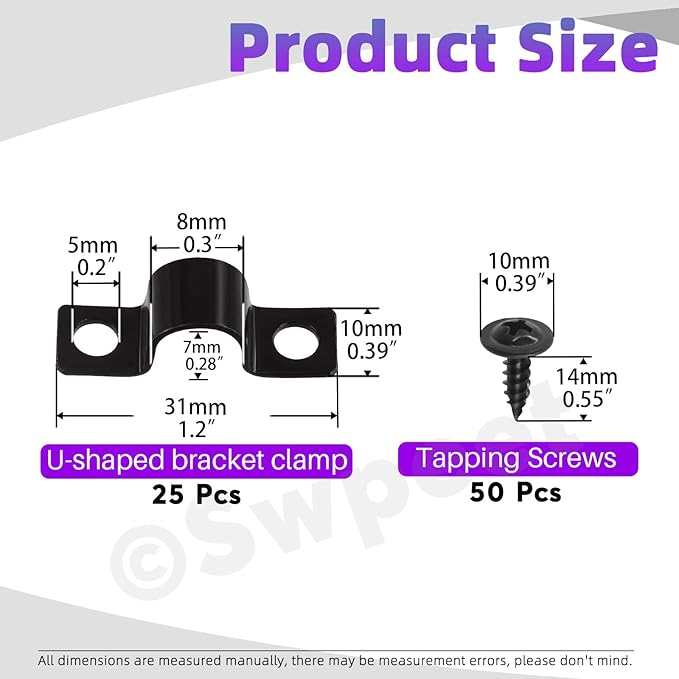 Swpeet 25Pcs 8mm Two Hole U Bracket Clamp with 50Pcs Self-tapping Screws Kit, U-Clamps, Metal Pipe Clamps, Pipe Strap Clamps, Conduit Tension Clips for Fixing Pipe or Cable