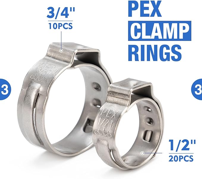 iCrimp PC-PC02KIT PEX Clamp Crimping Tool Kit with 1/2 inch(20 Pack) and 3/4 inch(10 Pack) PEX Clamp Rings, Pipe Cutter for PEX and Automotive Clamp Cinch and Removal