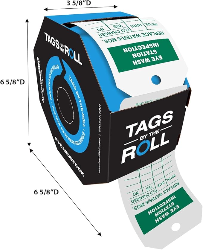 AccuformNMC 100 Tags by-The-Roll, Eyewash Station Inspection Tags with Record, US Made OSHA Compliant Eye Wash Tags, Waterproof PF-Cardstock, Resists Tears, 6.25"x3", TAR709