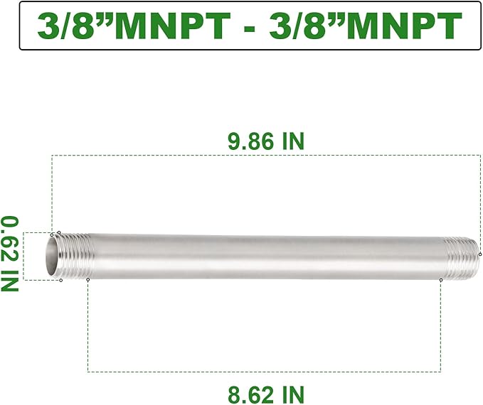TAISHER 2Pcs Stainless Steel Pipe Fittings, 3/8" NPT x 3/8" NPT Male Threaded, 10" Length Nipple Cast Pipe
