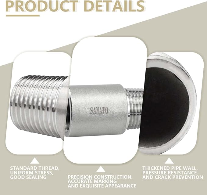 SANATO 1 Pcs SS 304 Forging Nipple Cast Piple, 1/2" NPT Male x 1/2" NPT Female Threaded, 50mm Piple Fittings