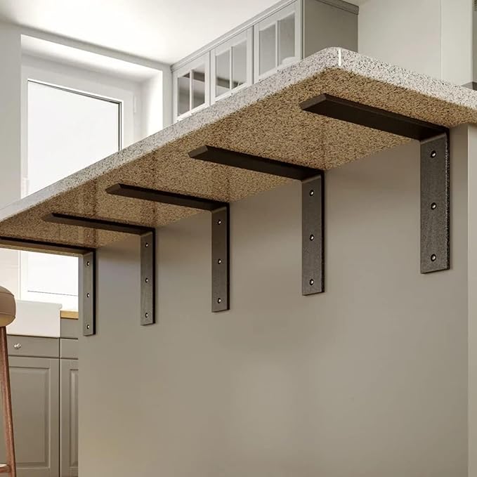 WINKER Countertop Support Bracket 6 Pack Heavy Duty 3/8" Thick Hidden L Shelf Bracket 20" x 8" x 2.5" Metal Corbels for Quartz/Granite/Wood/Concrete/Laminate Countertops, Black (6 Hole)