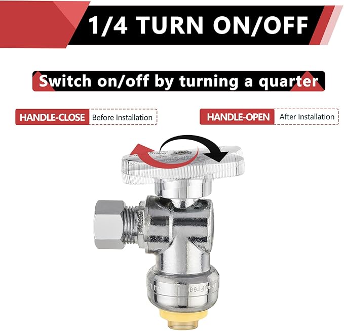 (Pack of 2) EFIELD Push Fit 1/4 Turn Angle Stop Valve Water Shut Off 1/2 Push x 3/8 Inch Compression, with Disconnect Clip Chrome,(PF-UNI004-2PCS)