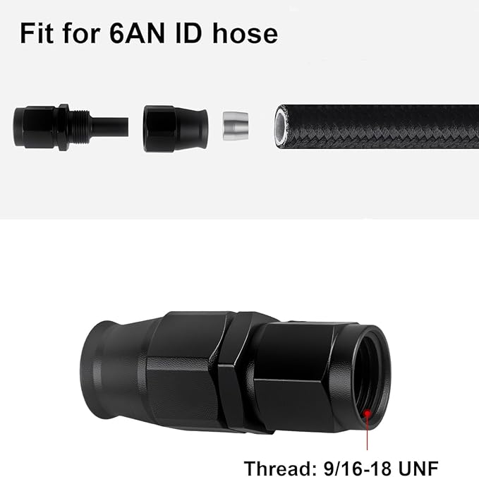 6AN PTFE Hose End Fitting Straight Swivel Only for PTFE Hose Aluminum Black 4PCS