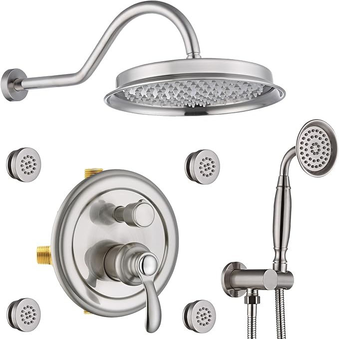 Antique Shower Faucet-Sets Fixtures: 9 inch Wall Rain Head with Handheld Spray and Body Jets, 3 Way Diverter Rough in Valve System included Trim Kit, Brushed Nickel