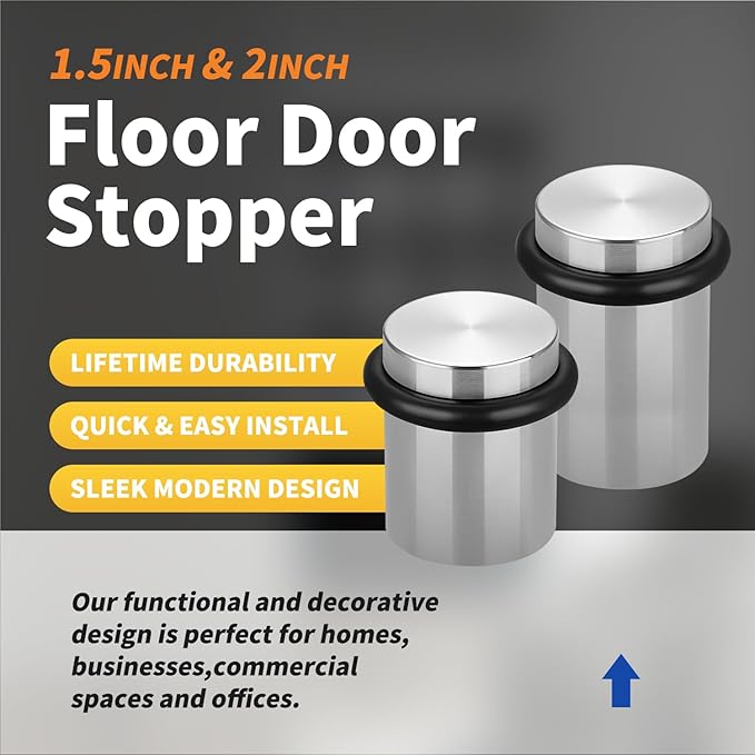 Floor Door Stopper Door Stop-Classy Solid Steel Modern Heavy Duty Door Stoppers -Floor Mount Anchor Screw-Wall Protector for Commercial Door(Stainless Steel Black, 1.5 Inch)