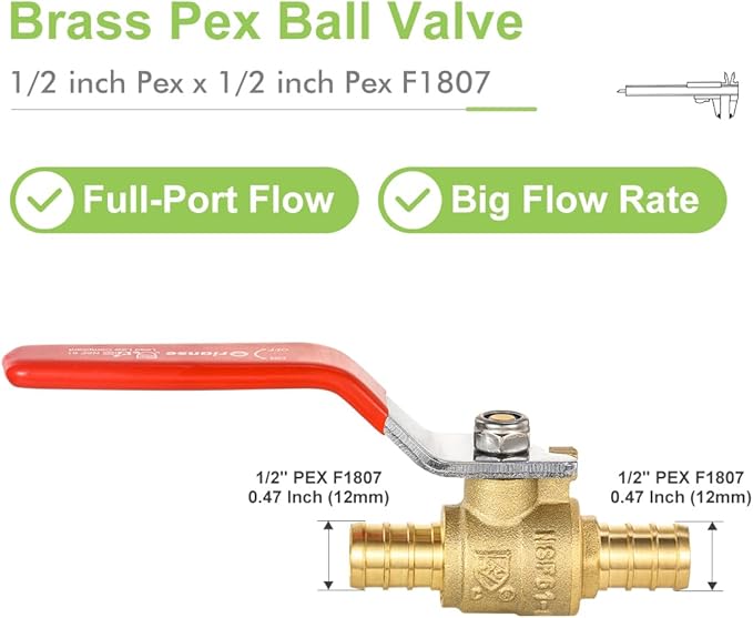 10 Pack ORIANSE 1/2 Inch Heavy Duty Pex Ball Valve Brass Barb Crimp 1/4- Turn Full Port Shut Off For PEX-b Connection Hot and Cold Water,Cetified by NSF/ANSI 61, ASTM F1807