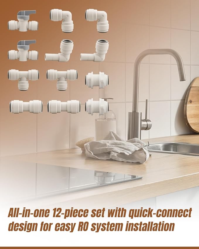 1/2" Tube OD Tube Fittings Kit Fit for RO Water Filter System, Quick Connect Push (Valve + Tee + Elbow + Straight + Bulkhead + Elbow stem), 12 Pack