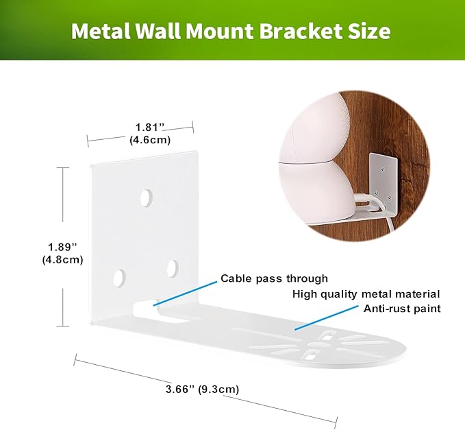 2 Pack Metal Wall Mount for Google Nest Indoor Cam 2nd Gen, Adhesive or Screw Mounting Bracket, No-Drill Shelf Holder for Better View, Durable White Camera Mount for Wall, Deck, Room