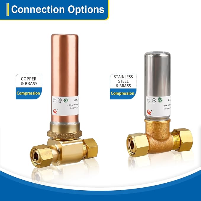 Water Hammer Arrestor 3/8" OD Comp x 3/8" FEM Comp Tee, Stainless Steel Hammer Arrestor, Applicable for Faucet, Dishwasher and Water Dispenser(Pack of 1)