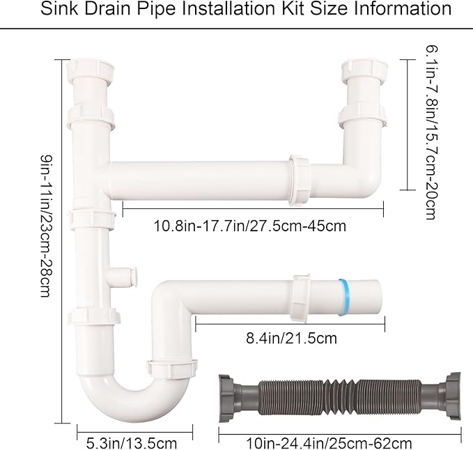 Universal 1-1/2" Kitchen Sink Drain Kit, Space-Saving kitchen drain P-trap With retractable flexible Pipe Completed Sink Pipe Replacement Kit (DIY Installation)