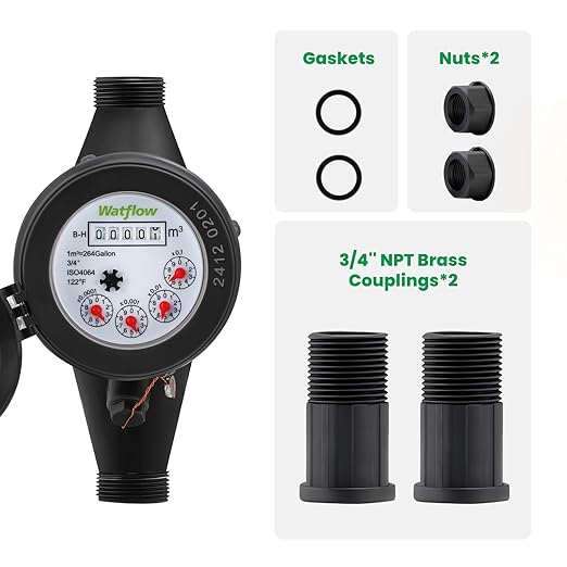 Watflow DN20 Water Meter 3/4" NPT, ISO4064 Certification Cubic Water Flow Meter, Cold Water Meter with PVC for Garden or Home, Single-Jet Horizontal Install.