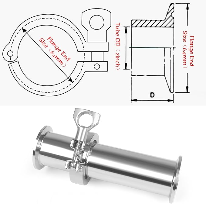 Tri Clamp Sanitary Spool Tube 2 Inch OD, 8 Inch Length, 50.5mm Clamp End OD, 304 Stainless Steel Seamless Round Tubing
